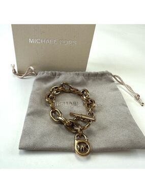 Michael Kors gold tone chunky link logo bracelet NEW pouch in BOX